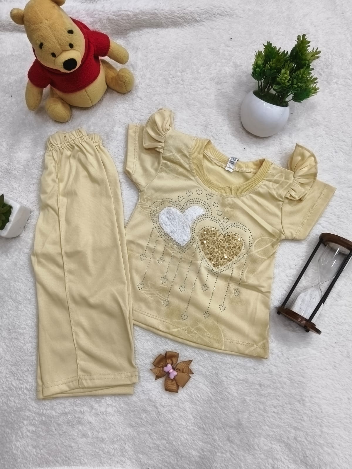 Girls Pink Heart Glitter 2-Piece Summer Outfit | Ruffle Sleeve T-Shirt & Leggings Set