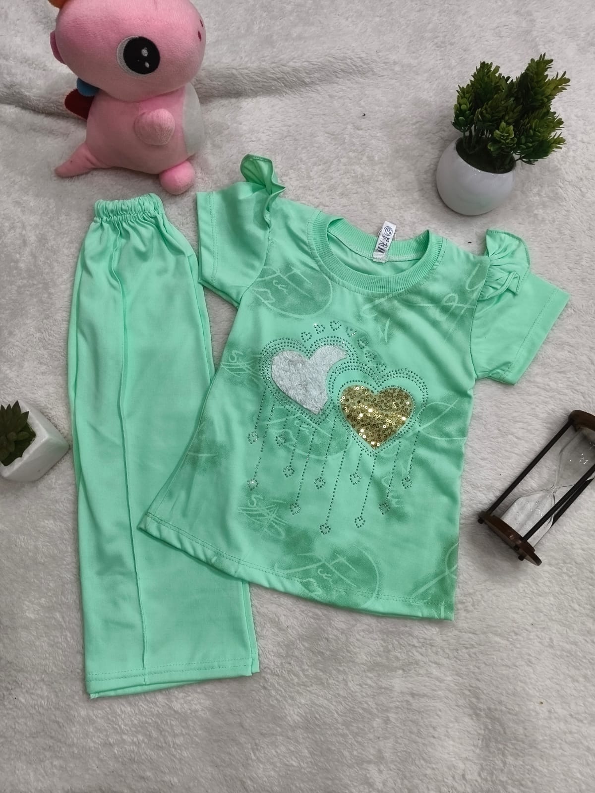 Girls Pink Heart Glitter 2-Piece Summer Outfit | Ruffle Sleeve T-Shirt & Leggings Set