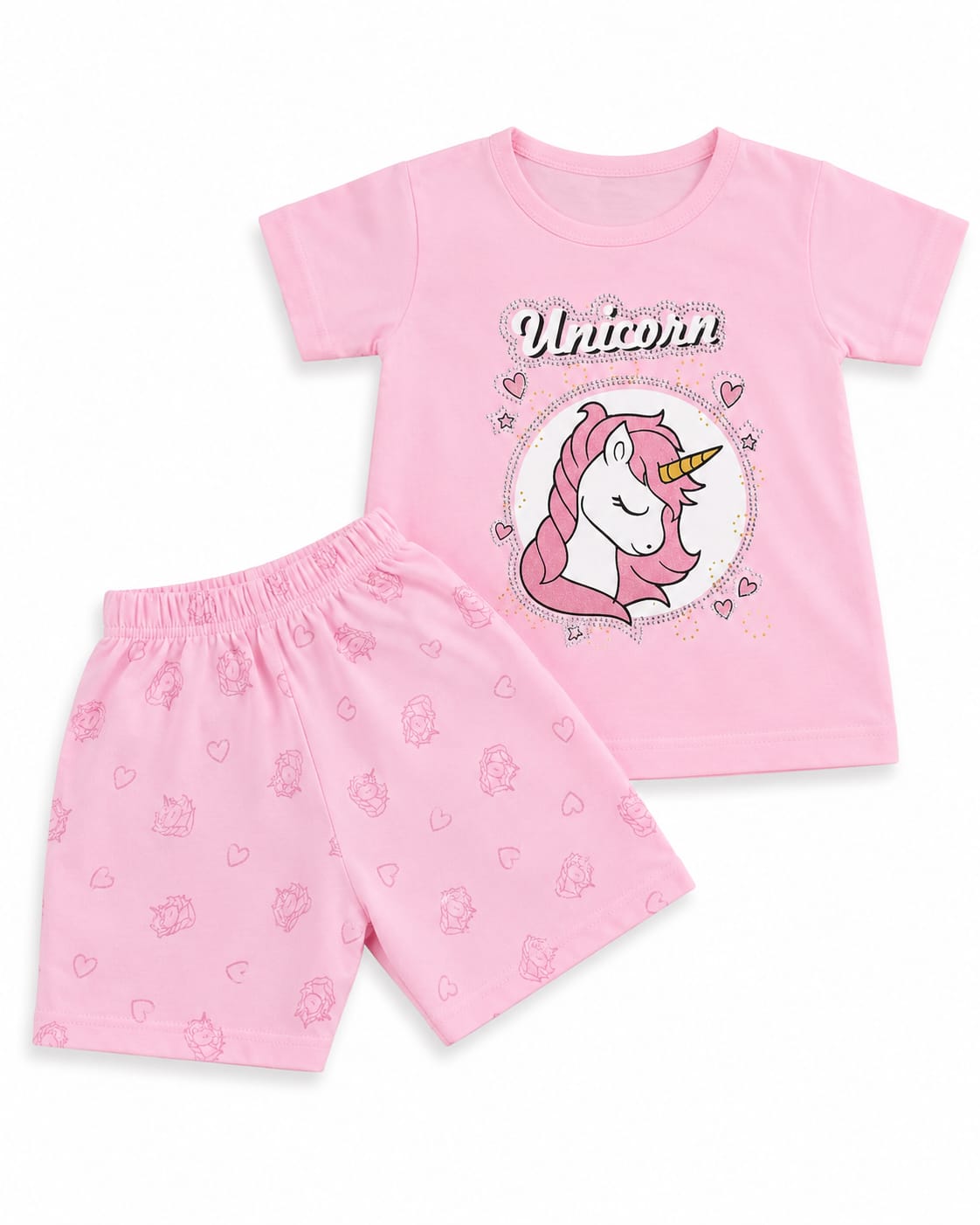 Girls Pink Unicorn 2-Piece Summer Outfit | Unicorn Print T-Shirt & Matching Shorts