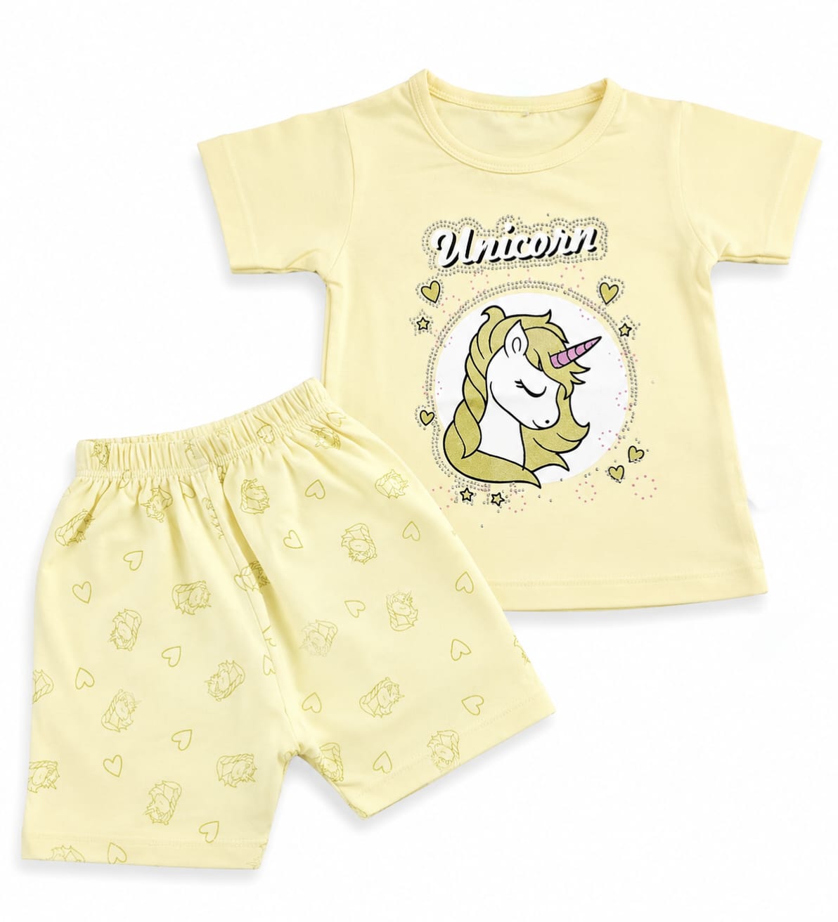 Girls Pink Unicorn 2-Piece Summer Outfit | Unicorn Print T-Shirt & Matching Shorts