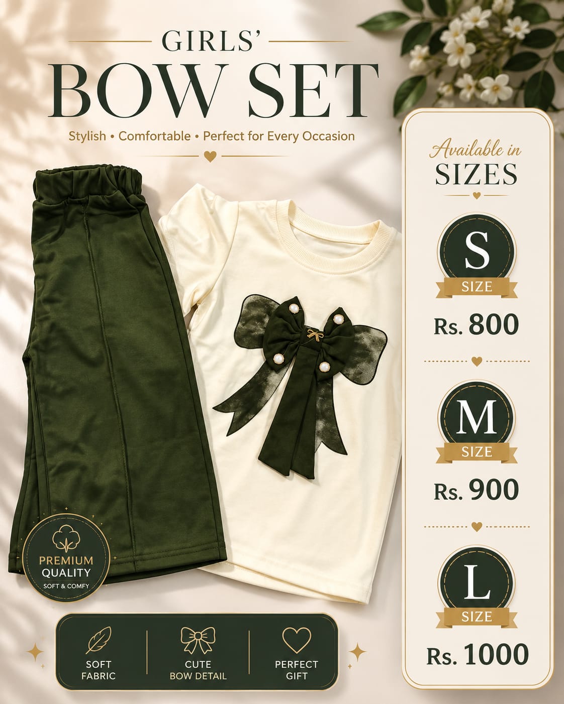 Stylish Girls 2 Piece Bow Set – Soft & Comfortable