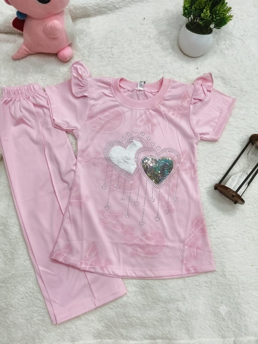 Girls Pink Heart Glitter 2-Piece Summer Outfit | Ruffle Sleeve T-Shirt & Leggings Set
